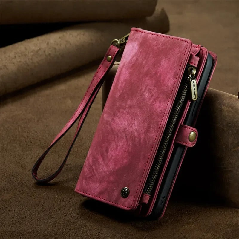 Luxury iPhone Case — Removable Magnetic Wallet Cover with Metal Zipper, 8-Slot Card Purse, Anti-Fingerprint Leather Design and Lanyard Strap