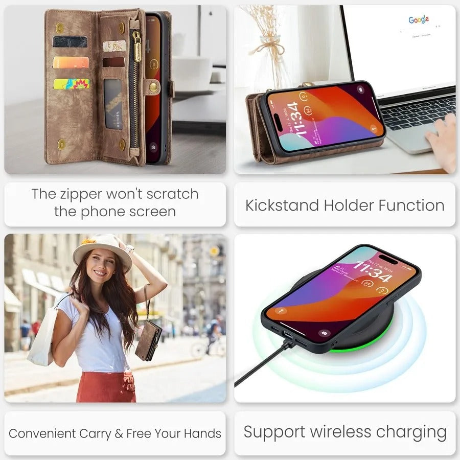 Luxury iPhone Case — Removable Magnetic Wallet Cover with Metal Zipper, 8-Slot Card Purse, Anti-Fingerprint Leather Design and Lanyard Strap