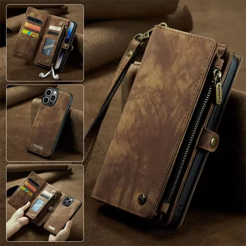 Luxury iPhone Case — Removable Magnetic Wallet Cover with Metal Zipper, 8-Slot Card Purse, Anti-Fingerprint Leather Design and Lanyard Strap