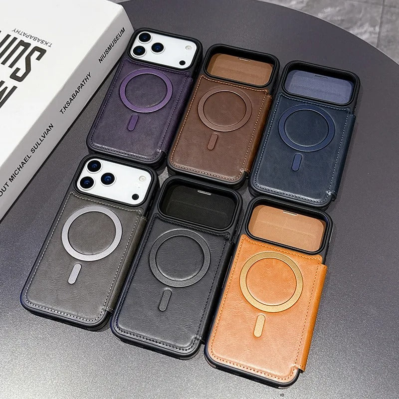 Luxury iPhone Case — Retro Business Flip Leather Cover with Magnetic Charging Support and Card Holder Wallet Design