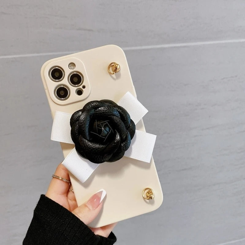 Luxury iPhone Case — Rose Silicone Full-Coverage Shockproof Cover with Anti-Drop Design, Pearl Bracelet Lanyard & Anti-Scratch PC+TPU Build