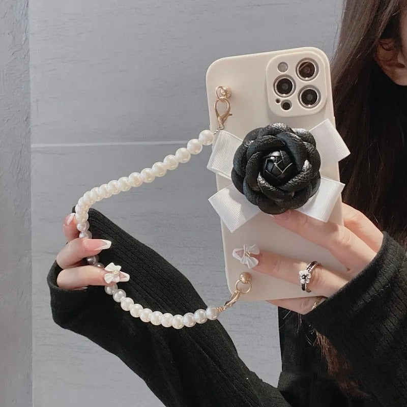 Luxury iPhone Case — Rose Silicone Full-Coverage Shockproof Cover with Anti-Drop Design, Pearl Bracelet Lanyard & Anti-Scratch PC+TPU Build