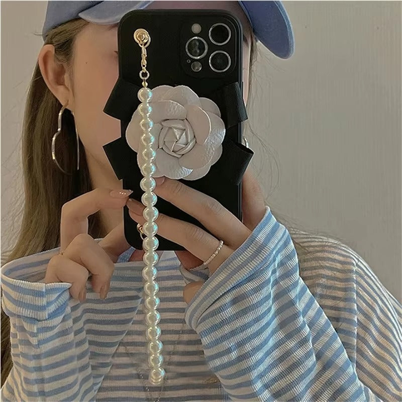 Luxury iPhone Case — Rose Silicone Full-Coverage Shockproof Cover with Anti-Drop Design, Pearl Bracelet Lanyard & Anti-Scratch PC+TPU Build