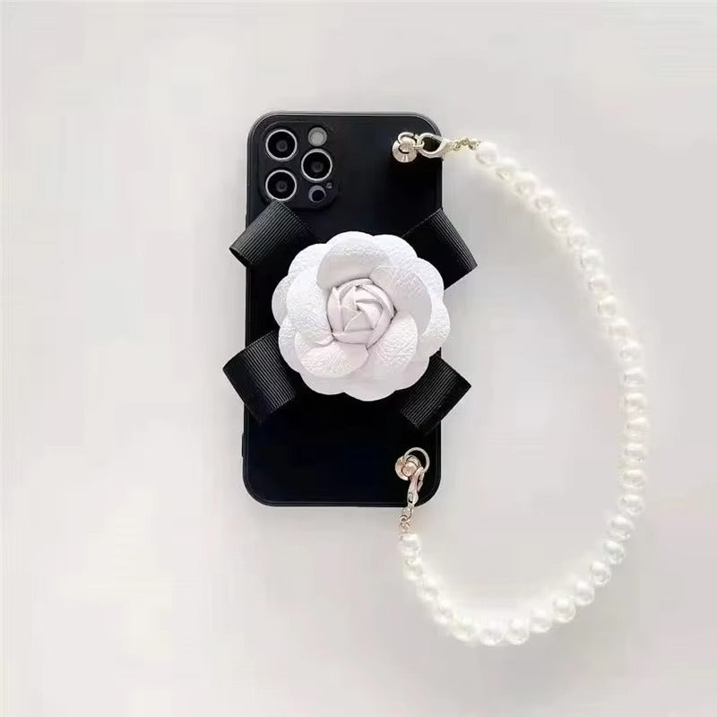 Luxury iPhone Case — Rose Silicone Full-Coverage Shockproof Cover with Anti-Drop Design, Pearl Bracelet Lanyard & Anti-Scratch PC+TPU Build