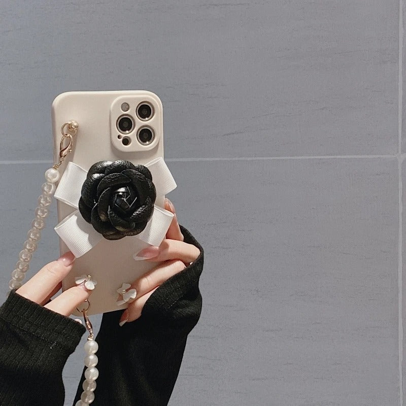 Luxury iPhone Case — Rose Silicone Full-Coverage Shockproof Cover with Anti-Drop Design, Pearl Bracelet Lanyard & Anti-Scratch PC+TPU Build