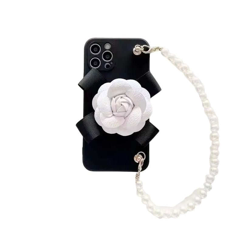 Luxury iPhone Case — Rose Silicone Full-Coverage Shockproof Cover with Anti-Drop Design, Pearl Bracelet Lanyard & Anti-Scratch PC+TPU Build