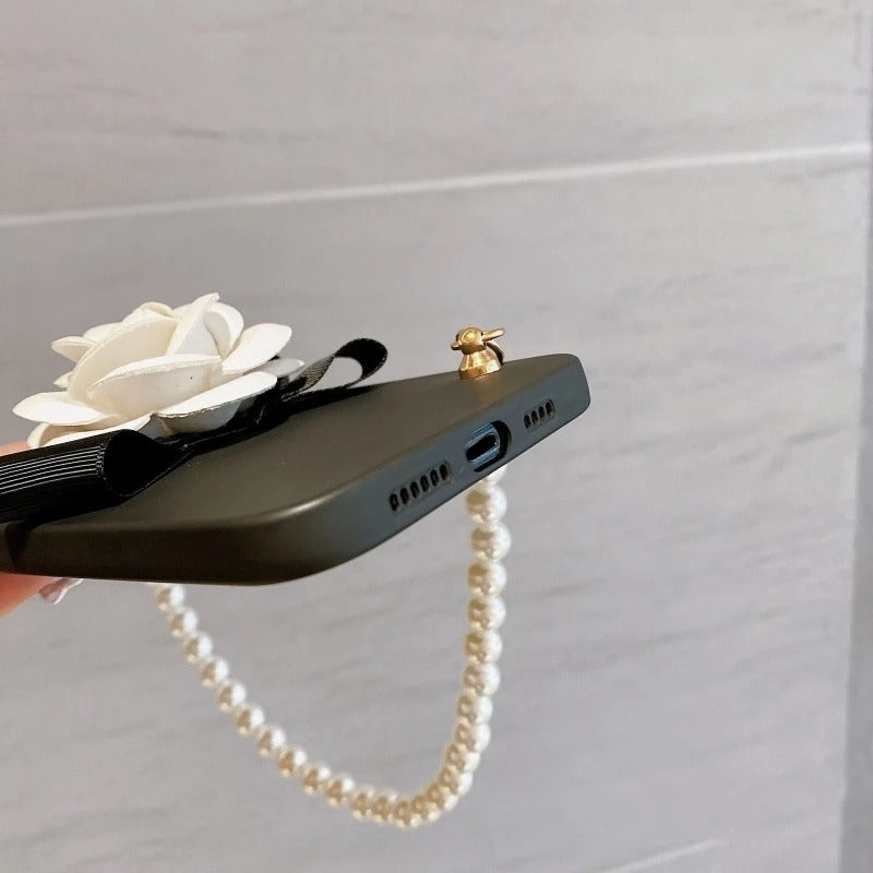 Luxury iPhone Case — Rose Silicone Full-Coverage Shockproof Cover with Anti-Drop Design, Pearl Bracelet Lanyard & Anti-Scratch PC+TPU Build