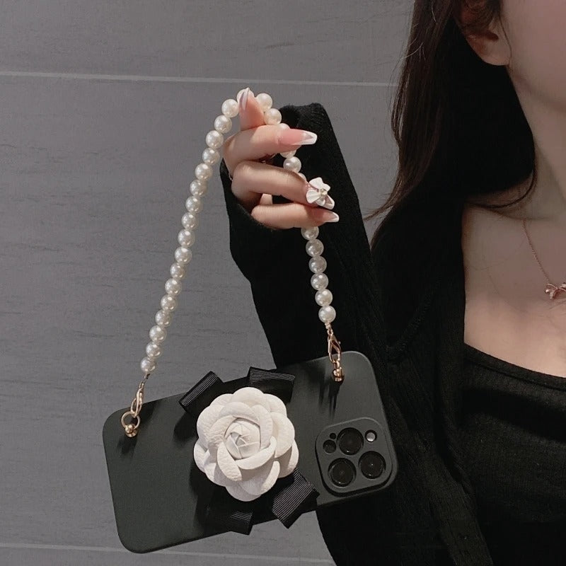 Luxury iPhone Case — Rose Silicone Full-Coverage Shockproof Cover with Anti-Drop Design, Pearl Bracelet Lanyard & Anti-Scratch PC+TPU Build