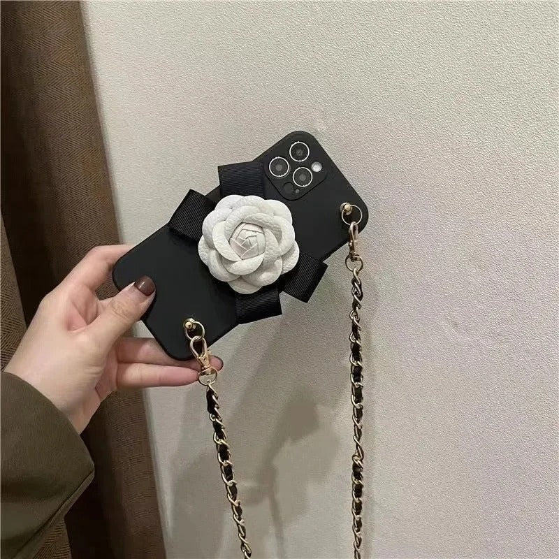 Luxury iPhone Case — Rose Silicone Full-Coverage Shockproof Cover with Anti-Drop Design, Pearl Bracelet Lanyard & Anti-Scratch PC+TPU Build