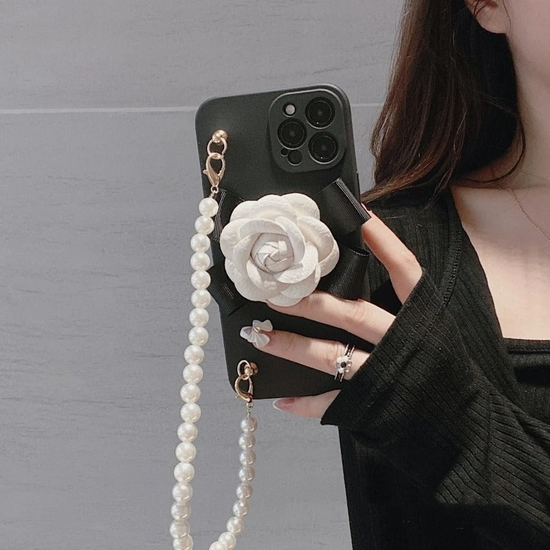 Luxury iPhone Case — Rose Silicone Full-Coverage Shockproof Cover with Anti-Drop Design, Pearl Bracelet Lanyard & Anti-Scratch PC+TPU Build