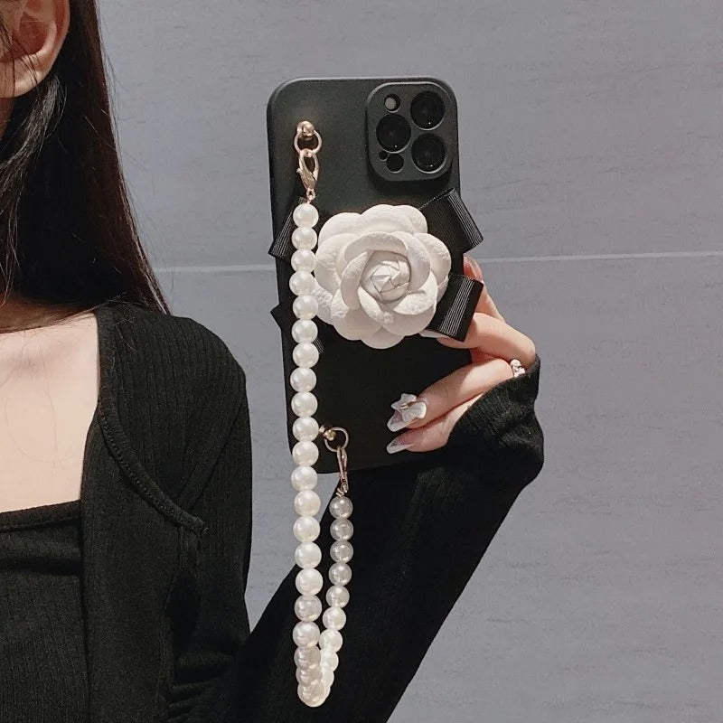 Luxury iPhone Case — Rose Silicone Full-Coverage Shockproof Cover with Anti-Drop Design, Pearl Bracelet Lanyard & Anti-Scratch PC+TPU Build