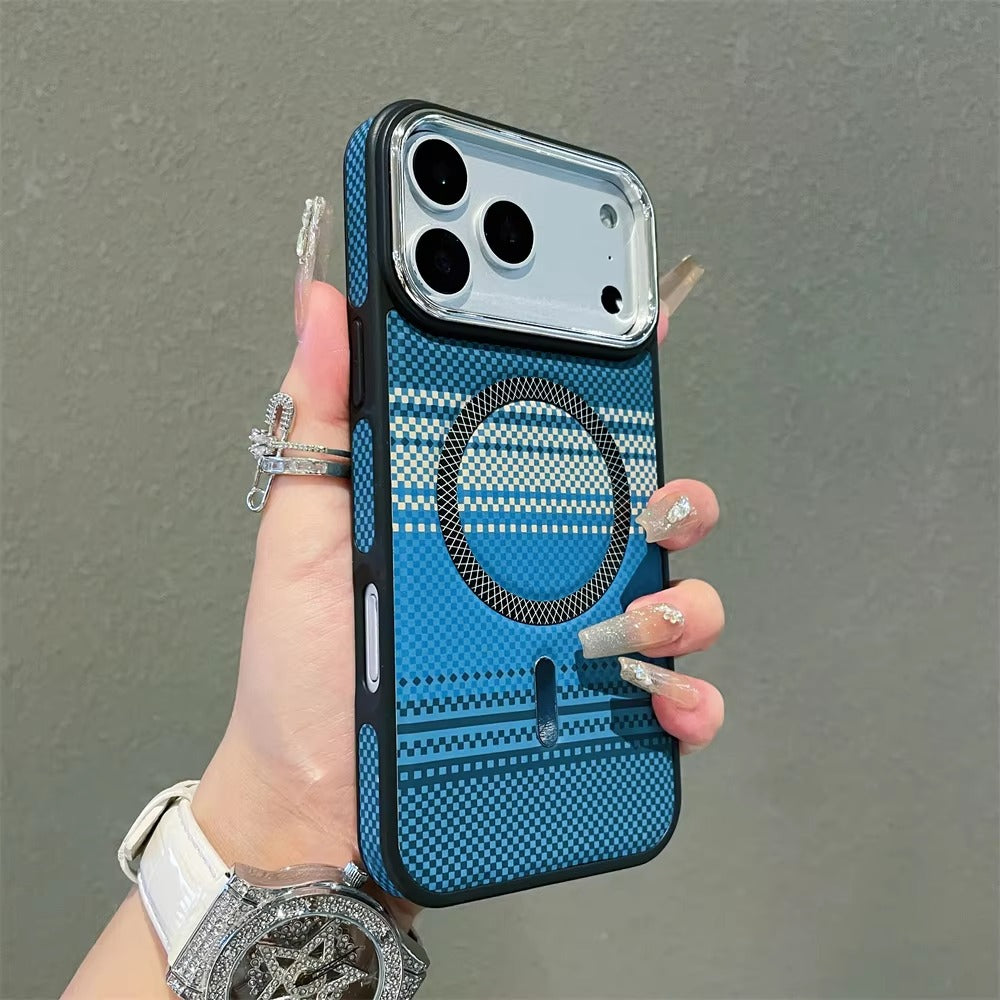 Luxury iPhone Case — Slim Magnetic Carbon-Fiber Striped Cover with Ultra-Thin Shockproof Design and Colorful MagSafe Protection