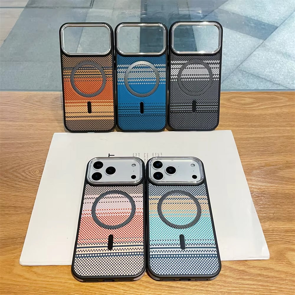 Luxury iPhone Case — Slim Magnetic Carbon-Fiber Striped Cover with Ultra-Thin Shockproof Design and Colorful MagSafe Protection