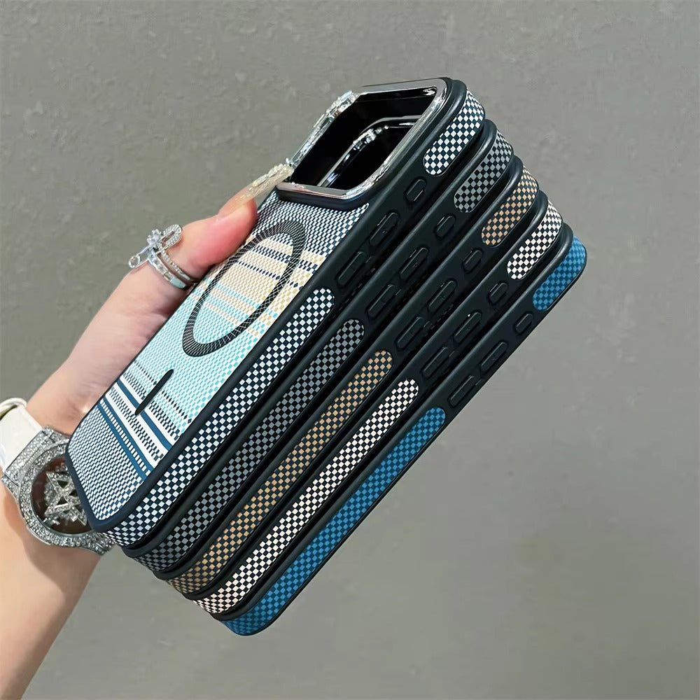 Luxury iPhone Case — Slim Magnetic Carbon-Fiber Striped Cover with Ultra-Thin Shockproof Design and Colorful MagSafe Protection