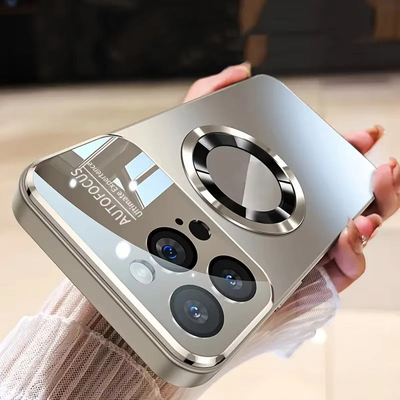 Luxury iPhone Case — Titanium-Metallic Matte MagSafe Cover with Lens Camera Protection, Shockproof PC and Silicone Design and Exposed Logo Style