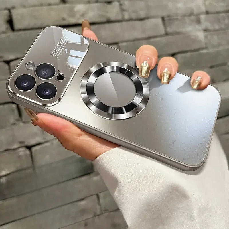 Luxury iPhone Case — Titanium-Metallic Matte MagSafe Cover with Lens Camera Protection, Shockproof PC and Silicone Design and Exposed Logo Style