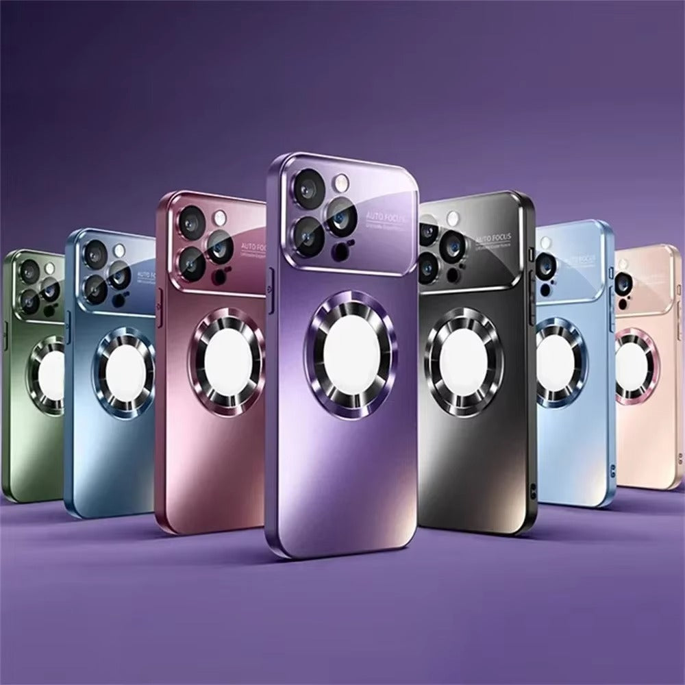 Luxury iPhone Case — Titanium-Metallic Matte MagSafe Cover with Lens Camera Protection, Shockproof PC and Silicone Design and Exposed Logo Style