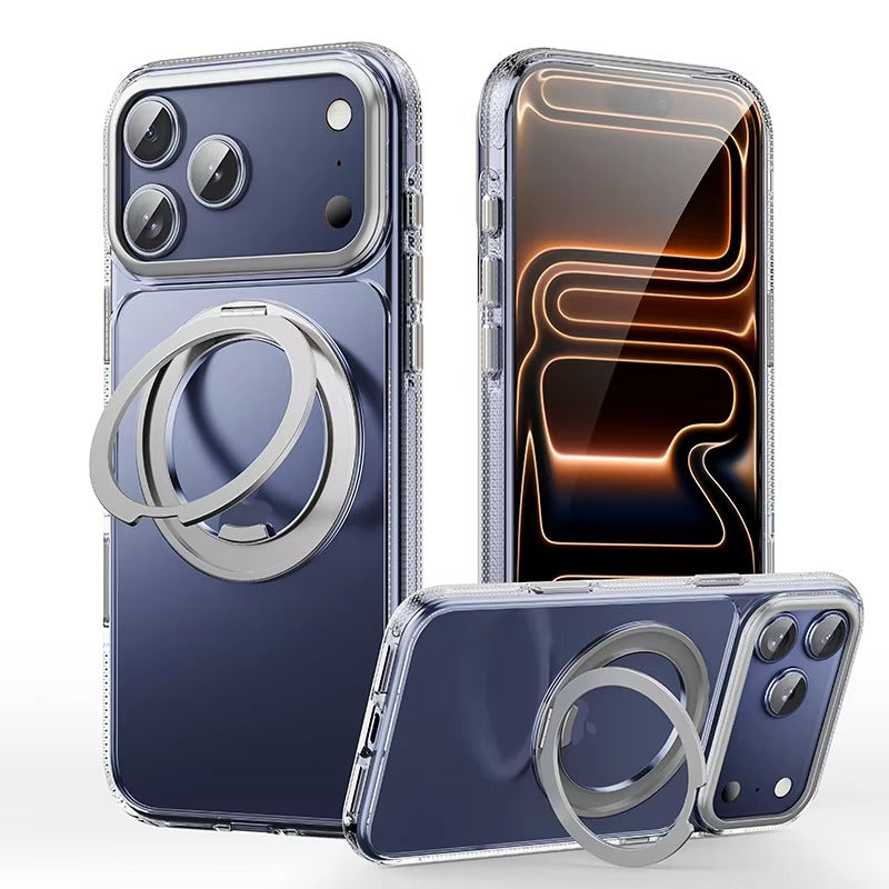 Luxury iPhone Case — Transparent MagSafe Magnetic Cover with 360° Rotating Ring Stand, Shockproof TPU+PC Protection and Kickstand Design
