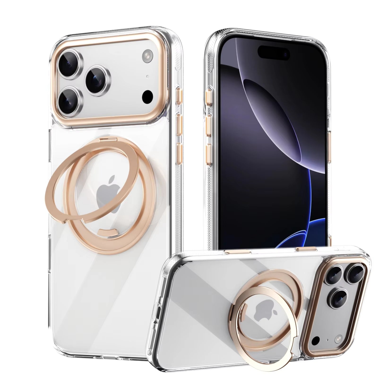 Luxury iPhone Case — Transparent MagSafe Magnetic Cover with 360° Rotating Ring Stand, Shockproof TPU+PC Protection and Kickstand Design