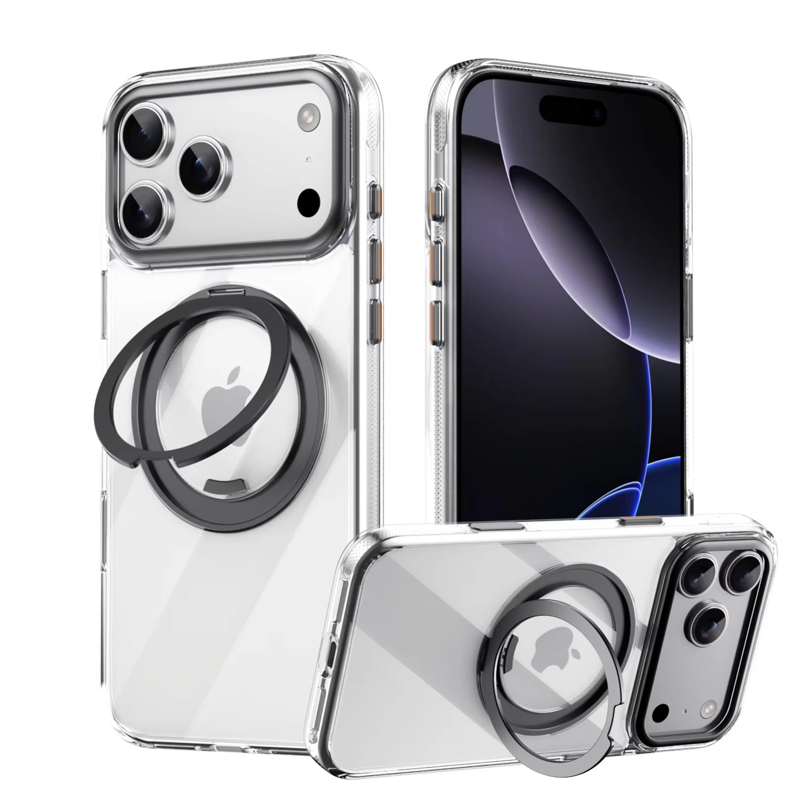 Luxury iPhone Case — Transparent MagSafe Magnetic Cover with 360° Rotating Ring Stand, Shockproof TPU+PC Protection and Kickstand Design