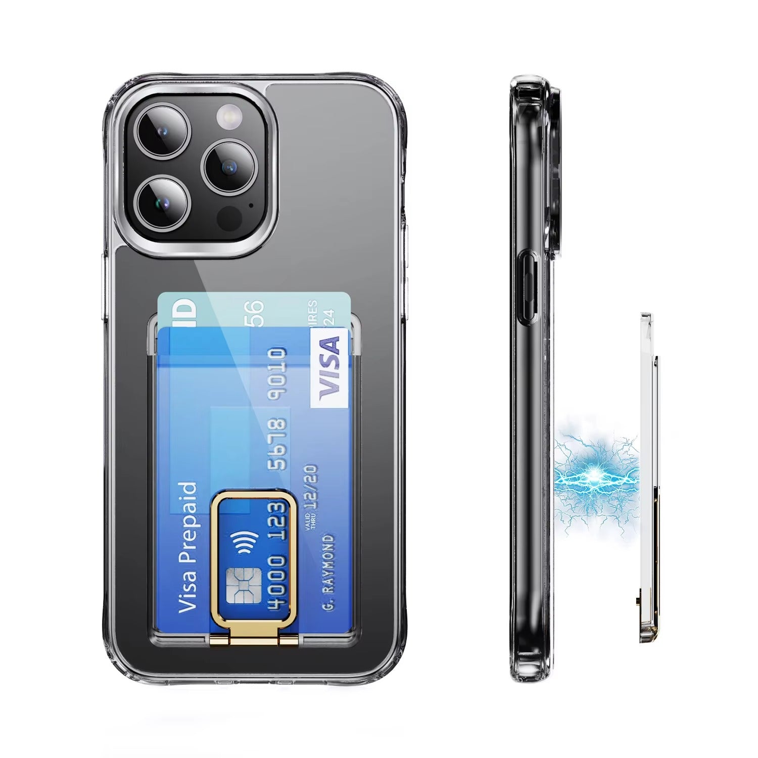 Luxury iPhone Case — Transparent Magnetic Card Wallet with Metal Stand Holder, Anti-Fingerprint, Shockproof, Clear Protective Cover