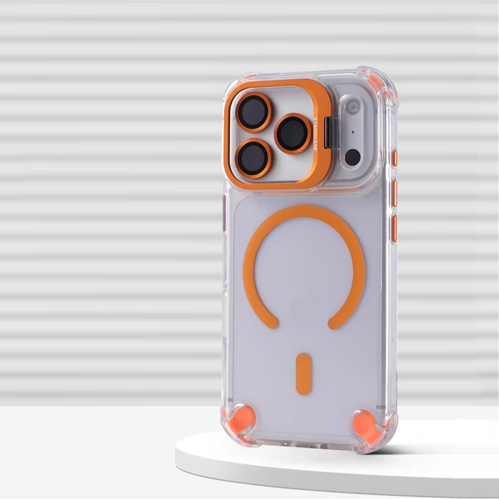 Luxury iPhone Case — Transparent Magnetic Shockproof Cover with Glass Lens Protector, Built-In Stand Holder & Full-Coverage Non-Slip Design