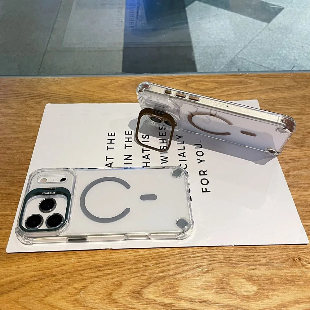 Luxury iPhone Case — Transparent Magnetic Shockproof Cover with Glass Lens Protector, Built-In Stand Holder & Full-Coverage Non-Slip Design