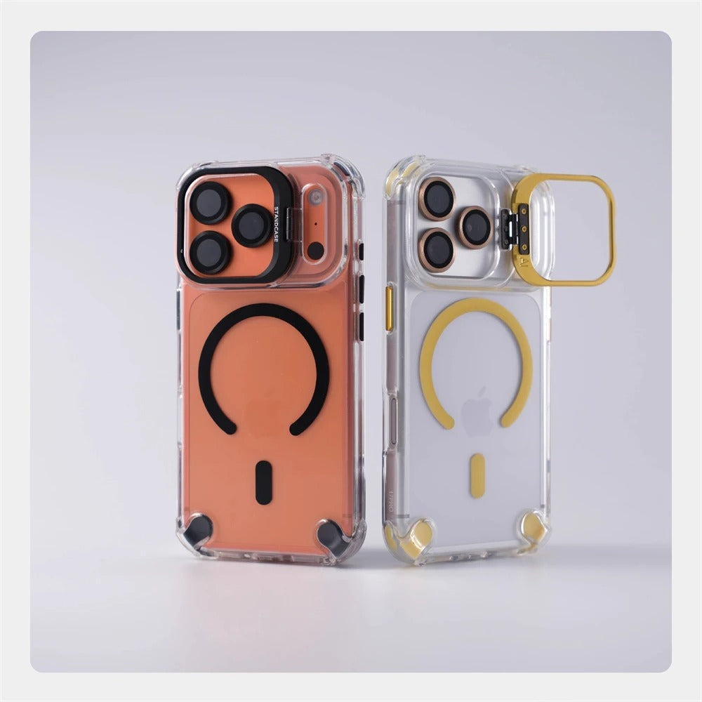 Luxury iPhone Case — Transparent Magnetic Shockproof Cover with Glass Lens Protector, Built-In Stand Holder & Full-Coverage Non-Slip Design