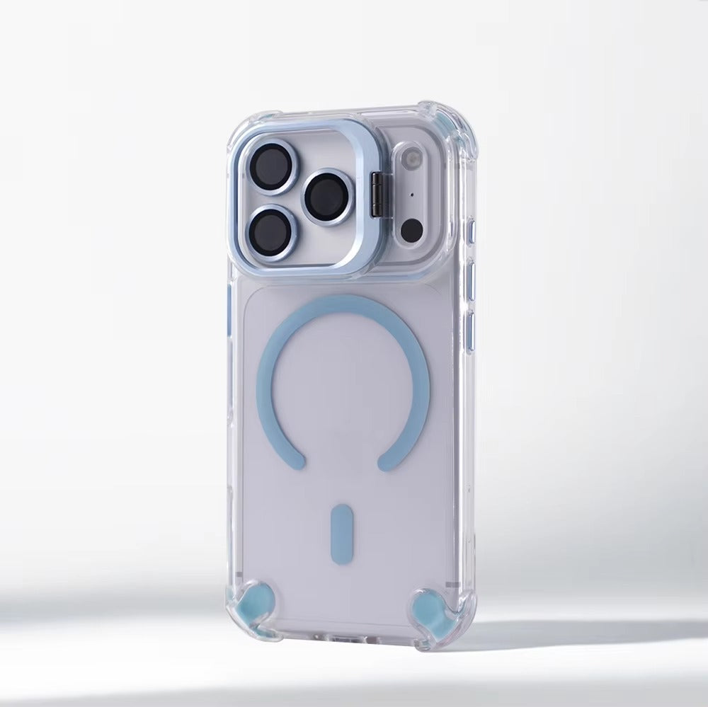 Luxury iPhone Case — Transparent Magnetic Shockproof Cover with Glass Lens Protector, Built-In Stand Holder & Full-Coverage Non-Slip Design
