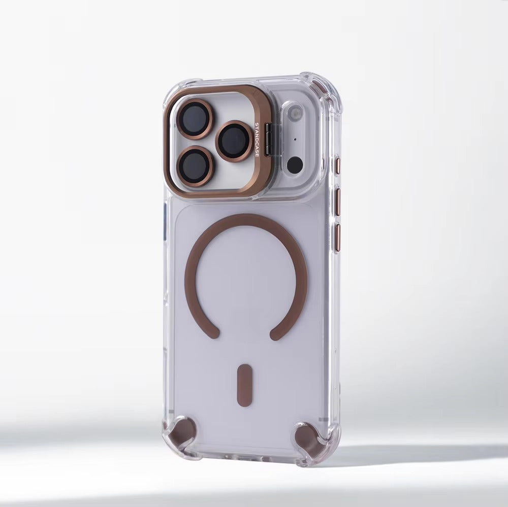Luxury iPhone Case — Transparent Magnetic Shockproof Cover with Glass Lens Protector, Built-In Stand Holder & Full-Coverage Non-Slip Design