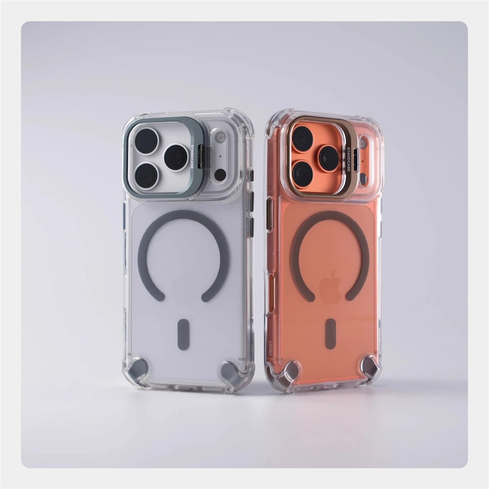 Luxury iPhone Case — Transparent Magnetic Shockproof Cover with Glass Lens Protector, Built-In Stand Holder & Full-Coverage Non-Slip Design
