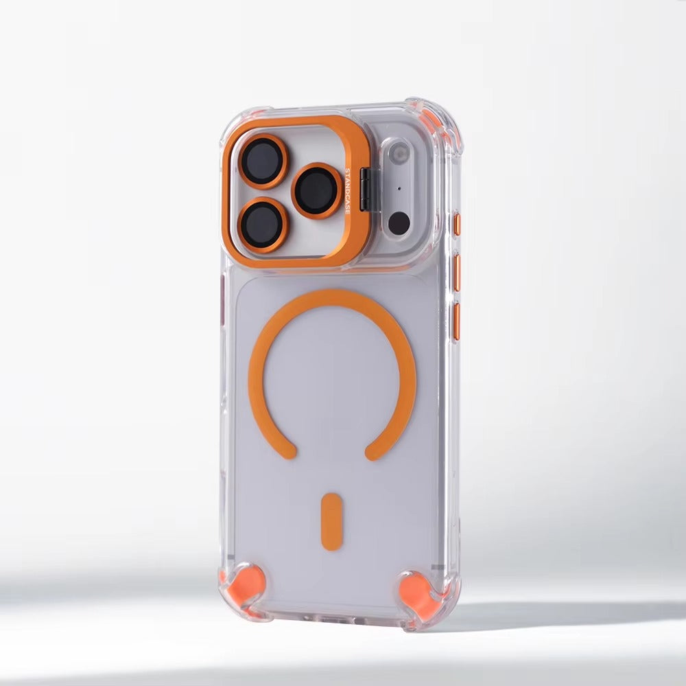 Luxury iPhone Case — Transparent Magnetic Shockproof Cover with Glass Lens Protector, Built-In Stand Holder & Full-Coverage Non-Slip Design