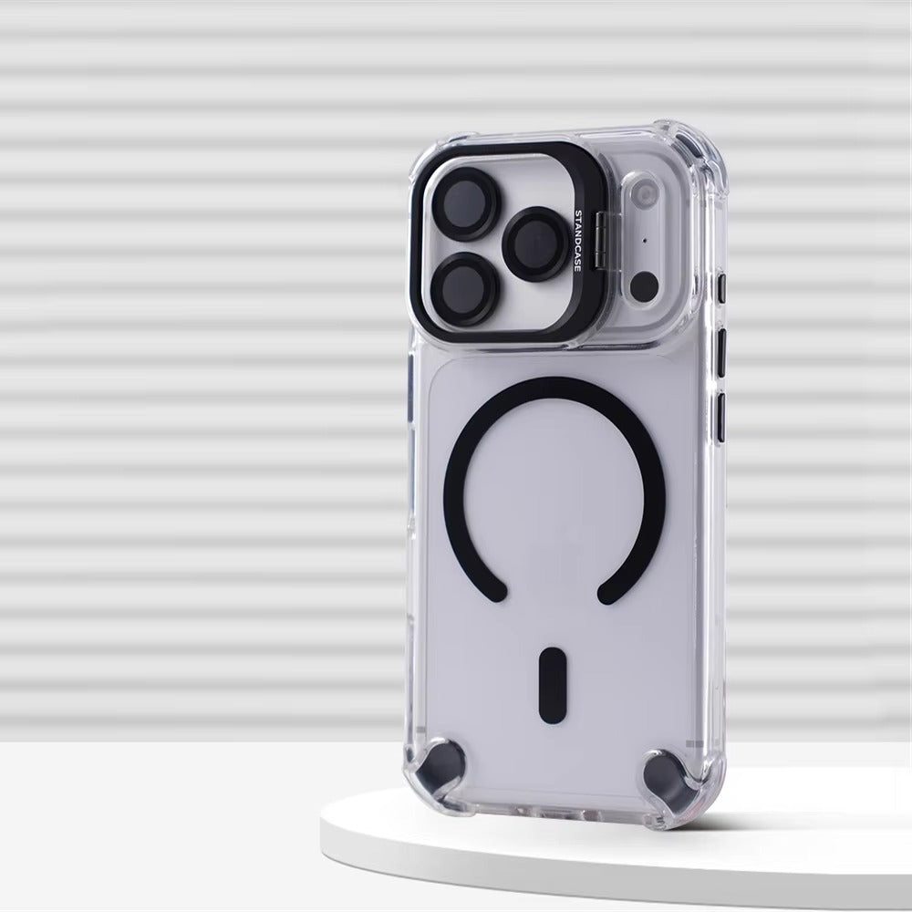 Luxury iPhone Case — Transparent Magnetic Shockproof Cover with Glass Lens Protector, Built-In Stand Holder & Full-Coverage Non-Slip Design
