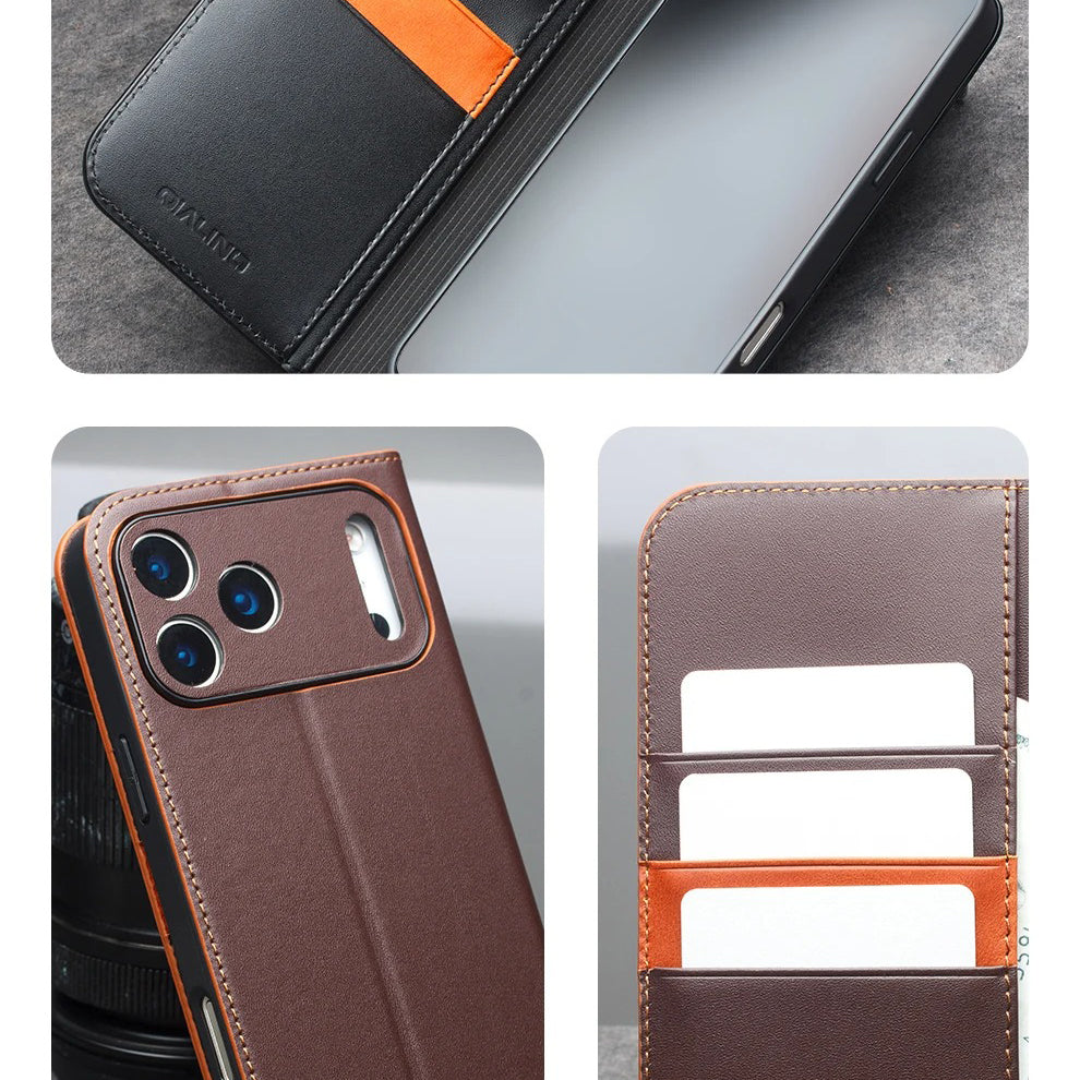 Luxury iPhone Case — Ultra-Slim Handmade Genuine Leather Wallet Flip Cover with Card Slots, Shockproof Drop Protection & Horizontal Stand Function