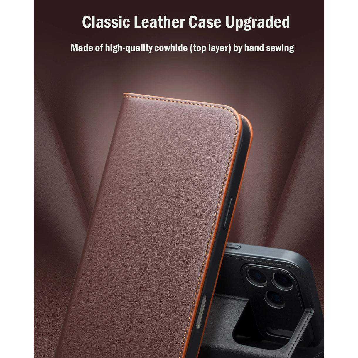 Luxury iPhone Case — Ultra-Slim Handmade Genuine Leather Wallet Flip Cover with Card Slots, Shockproof Drop Protection & Horizontal Stand Function