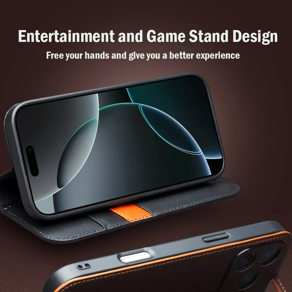 Luxury iPhone Case — Ultra-Slim Handmade Genuine Leather Wallet Flip Cover with Card Slots, Shockproof Drop Protection & Horizontal Stand Function