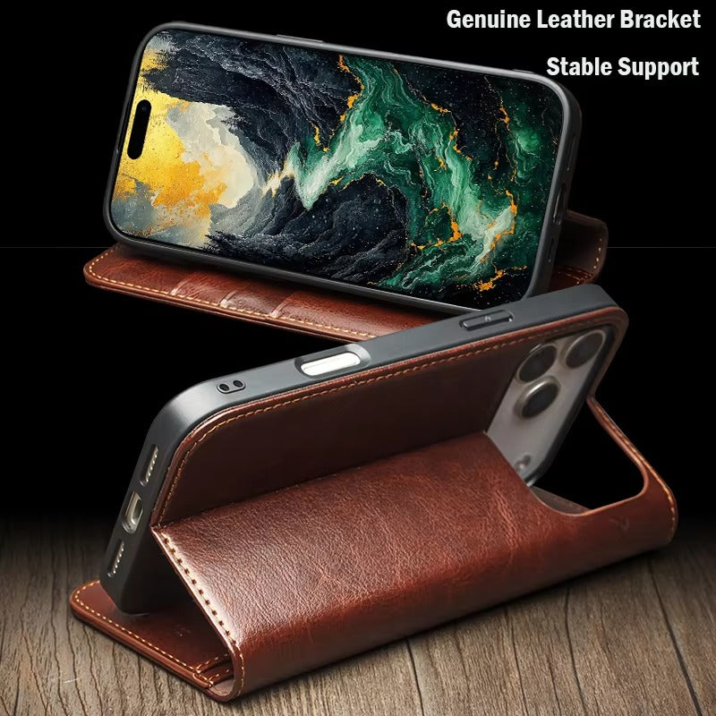 Luxury iPhone Case — Ultra-Slim Handmade Genuine Leather Wallet Flip Cover with Card Slots, Shockproof Drop Protection & Premium Cowhide Texture