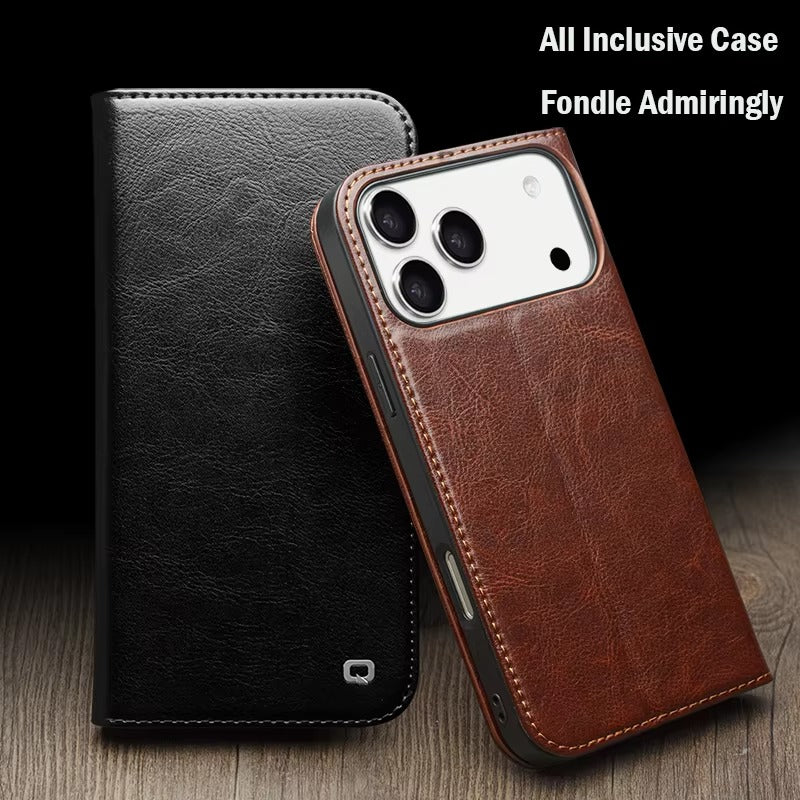 Luxury iPhone Case — Ultra-Slim Handmade Genuine Leather Wallet Flip Cover with Card Slots, Shockproof Drop Protection & Premium Cowhide Texture