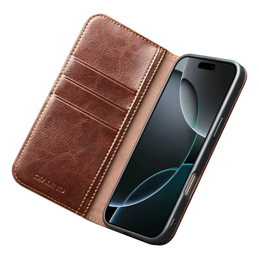 Luxury iPhone Case — Ultra-Slim Handmade Genuine Leather Wallet Flip Cover with Card Slots, Shockproof Drop Protection & Premium Cowhide Texture