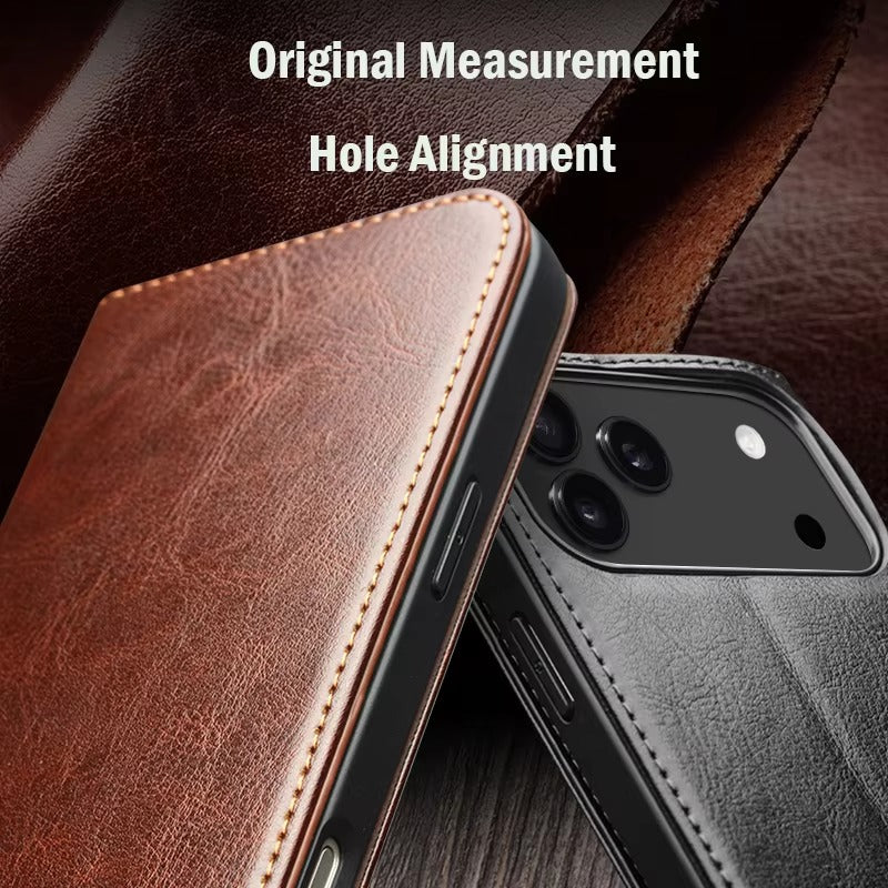 Luxury iPhone Case — Ultra-Slim Handmade Genuine Leather Wallet Flip Cover with Card Slots, Shockproof Drop Protection & Premium Cowhide Texture