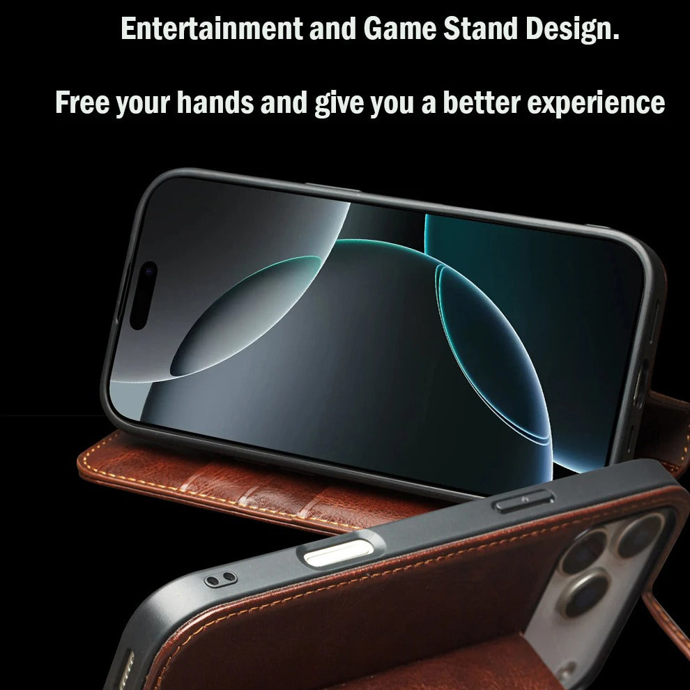 Luxury iPhone Case — Ultra-Slim Handmade Genuine Leather Wallet Flip Cover with Card Slots, Shockproof Drop Protection & Premium Cowhide Texture