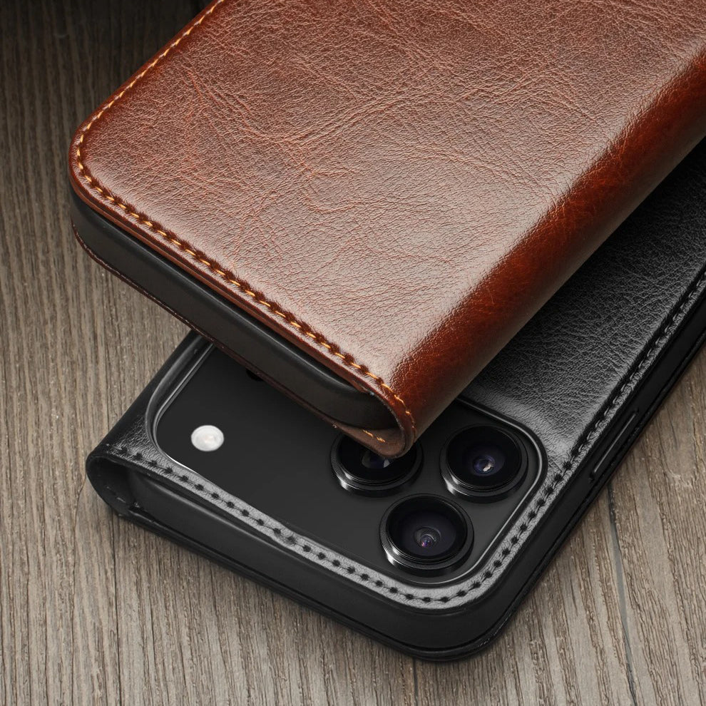 Luxury iPhone Case — Ultra-Slim Handmade Genuine Leather Wallet Flip Cover with Card Slots, Shockproof Drop Protection & Premium Cowhide Texture