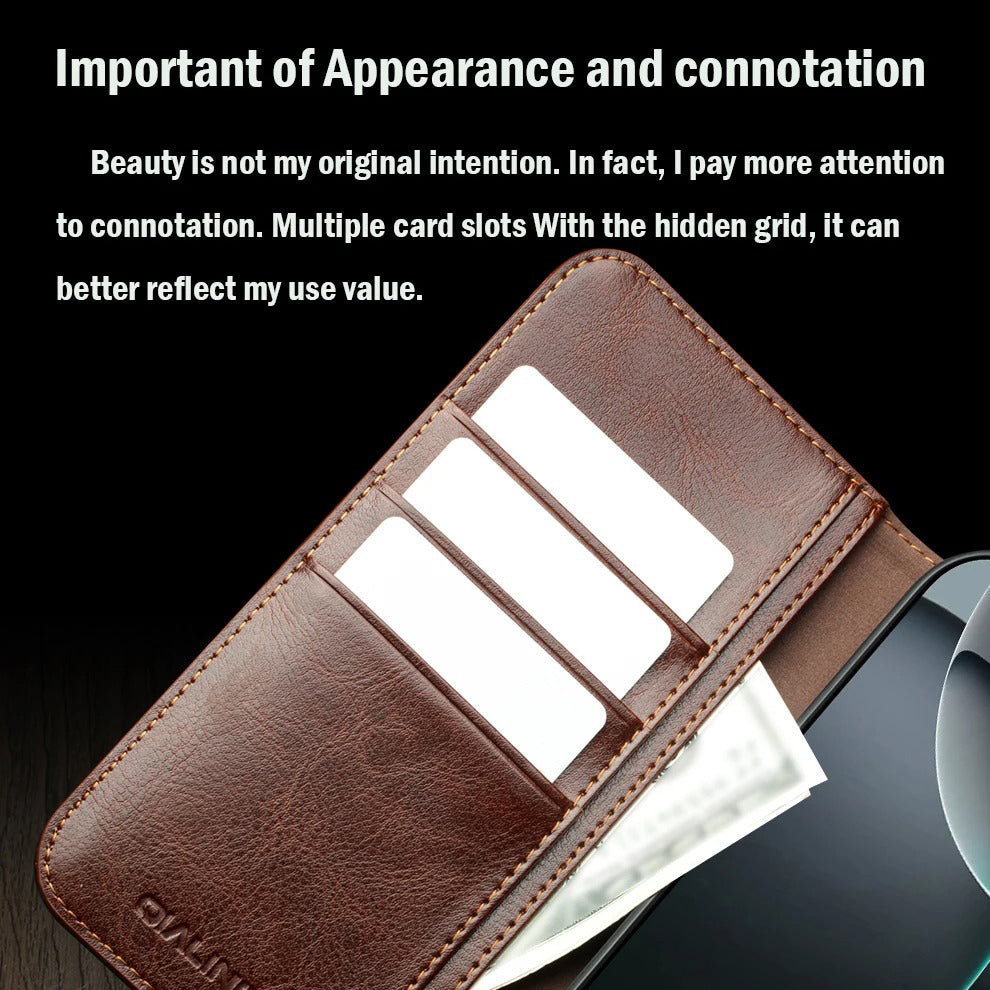 Luxury iPhone Case — Ultra-Slim Handmade Genuine Leather Wallet Flip Cover with Card Slots, Shockproof Drop Protection & Premium Cowhide Texture