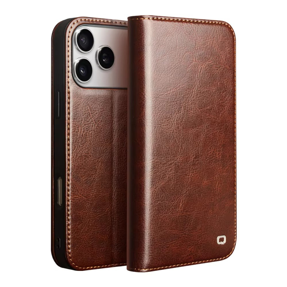 Luxury iPhone Case — Ultra-Slim Handmade Genuine Leather Wallet Flip Cover with Card Slots, Shockproof Drop Protection & Premium Cowhide Texture