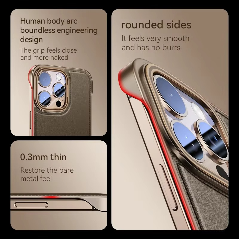 Luxury iPhone Case — Ultra-Thin Borderless PU Leather Cover with Metal Lens Frame, Magnetic Slim Shockproof Design & Non-Slip Matte Finish