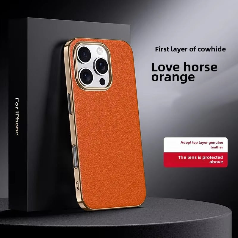 Luxury iPhone Case — Ultra-Thin Genuine Leather Hard Cover with PC+TPU Build, Dustproof Minimal Business Design & Half-Wrapped Protection