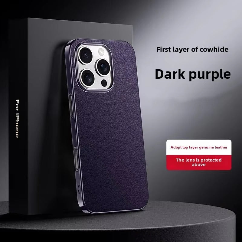 Luxury iPhone Case — Ultra-Thin Genuine Leather Hard Cover with PC+TPU Build, Dustproof Minimal Business Design & Half-Wrapped Protection