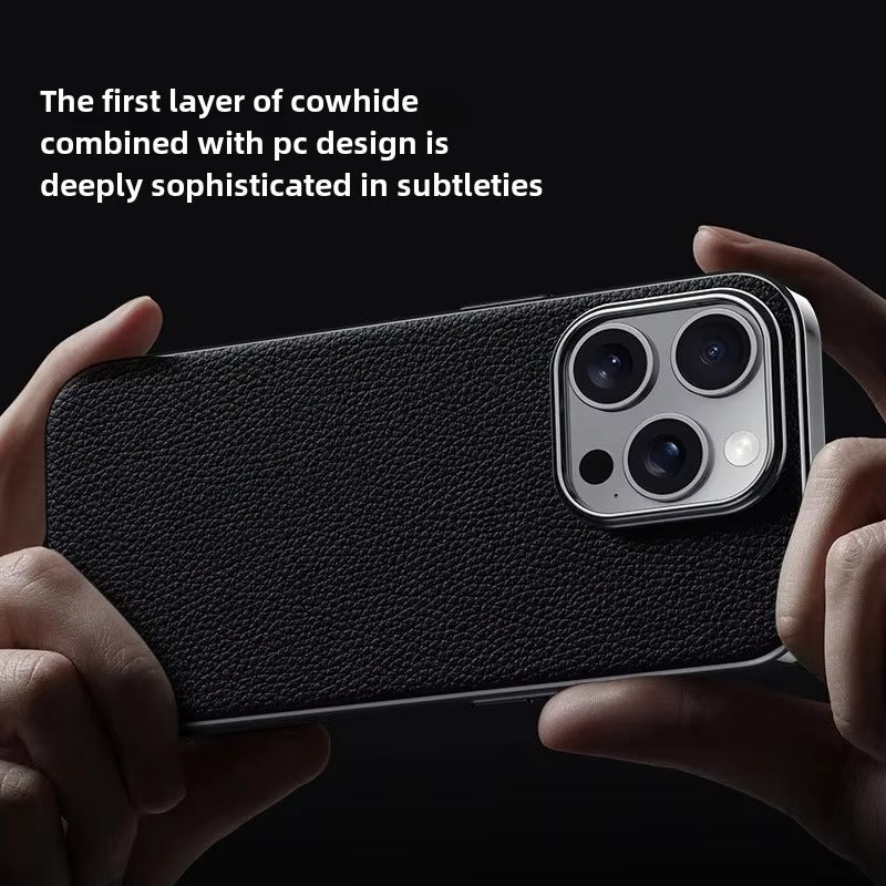 Luxury iPhone Case — Ultra-Thin Genuine Leather Hard Cover with PC+TPU Build, Dustproof Minimal Business Design & Half-Wrapped Protection