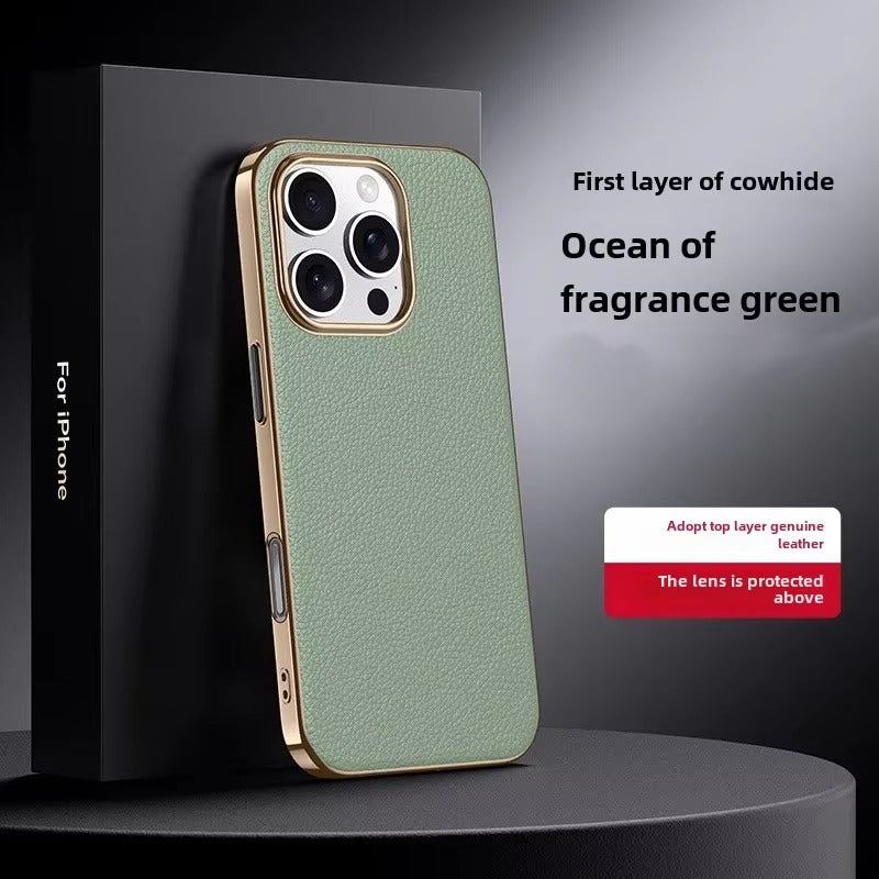 Luxury iPhone Case — Ultra-Thin Genuine Leather Hard Cover with PC+TPU Build, Dustproof Minimal Business Design & Half-Wrapped Protection