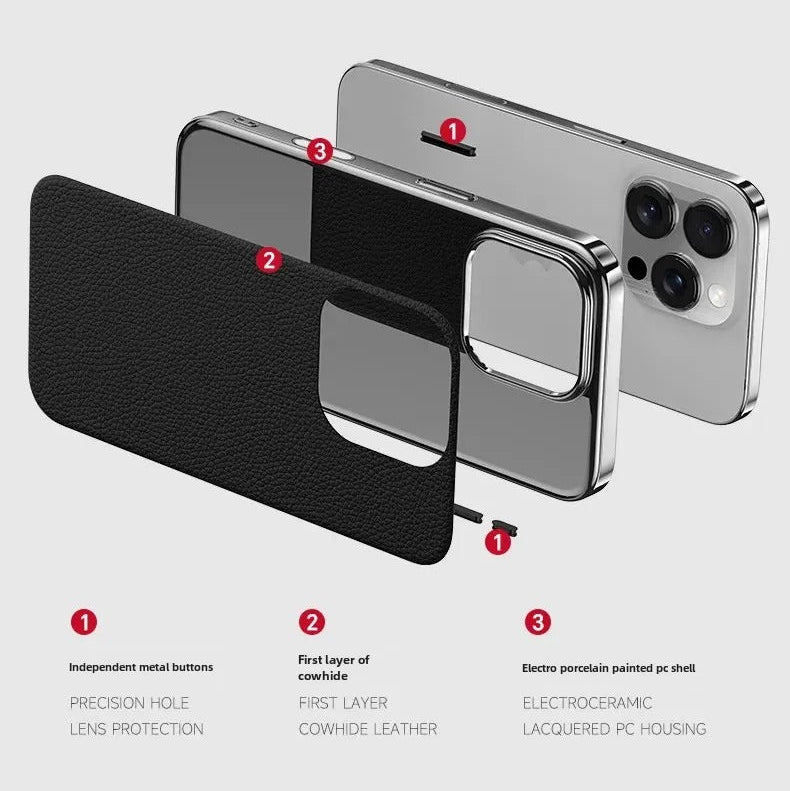 Luxury iPhone Case — Ultra-Thin Genuine Leather Hard Cover with PC+TPU Build, Dustproof Minimal Business Design & Half-Wrapped Protection